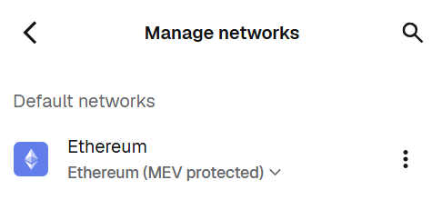 MetaMask Manage networks: Ethereum with the RPC dropdown reading Ethereum (MEV protected)